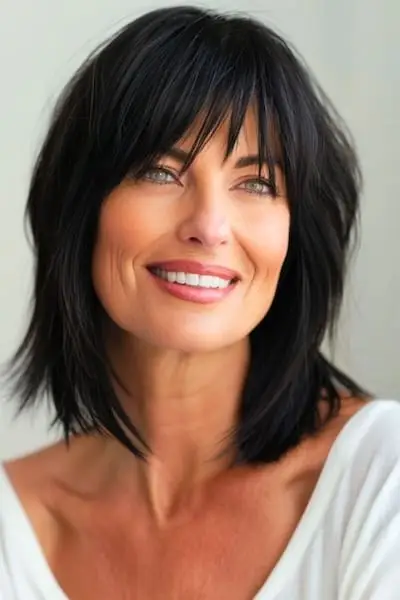 Layered Lob mit Pony-Frisur für Frauen über 60.