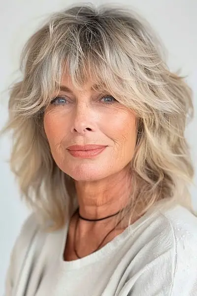 Layered Shag mit Pony-Frisur für Frauen über 60.