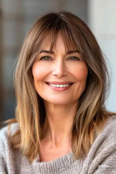 Schulterlange Frisur mit stumpfem Pony für Frauen über 60.