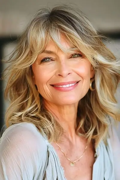 Hauchdünne blonde Stufen mit Pony-Frisur für Frauen über 60.