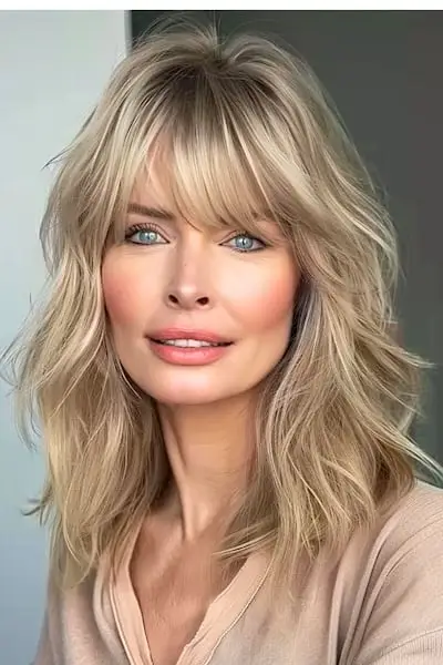 Penteado Shag com franja completa para mulheres com mais de 50 anos.