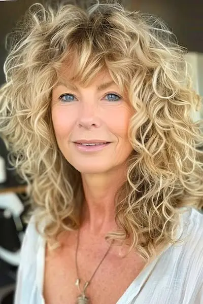 Penteado encaracolado volumoso com franja para mulheres com mais de 50 anos.