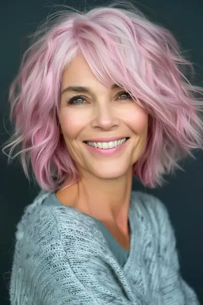 Penteado Cool Pink Shag Bob para mulheres com mais de 50 anos.