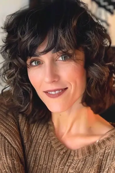 Penteado cacheado e desgrenhado para mulheres com mais de 50 anos.