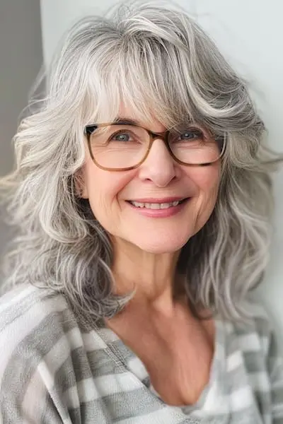 Penteado ondulado na altura dos ombros com franja para mulheres com mais de 50 anos.