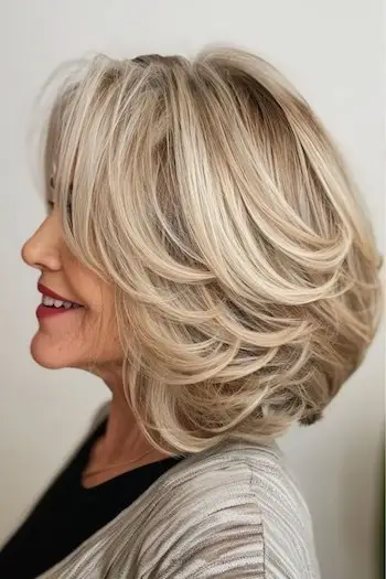 Tekstureret fjerlagsfrisure til kvinder over 60.