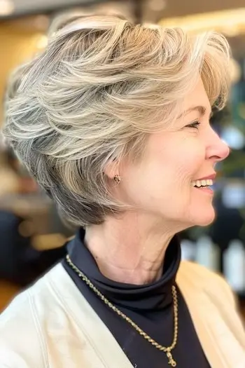 Fjer stablet Pixie Bob-frisure til kvinder over 60.