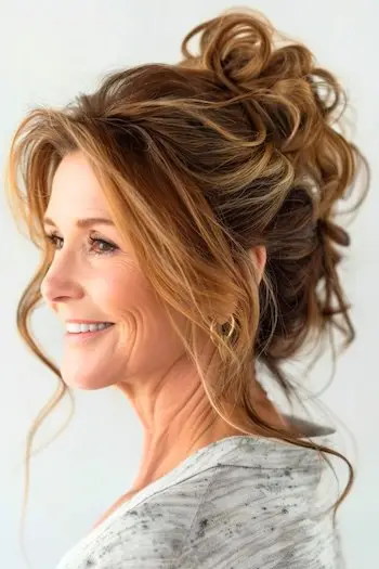 Voluminøs opsat frisure til kvinder over 60 år.