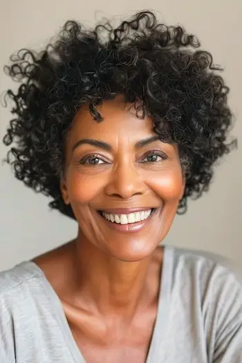 Frisure med korte naturlige krøller til kvinder over 60 år.
