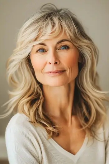 Layered Lob med fjerpandehår Frisure til kvinder over 60.