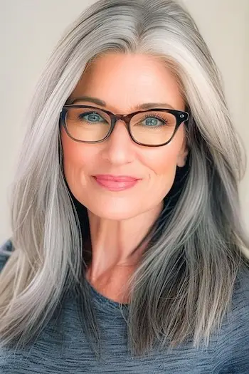 Salt-og-peber mellemlang klippet frisure til kvinder over 60 år.