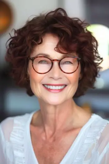 Krótkie kasztanowe loki Krótka fryzura dla kobiet po 50. roku życia w okularach.