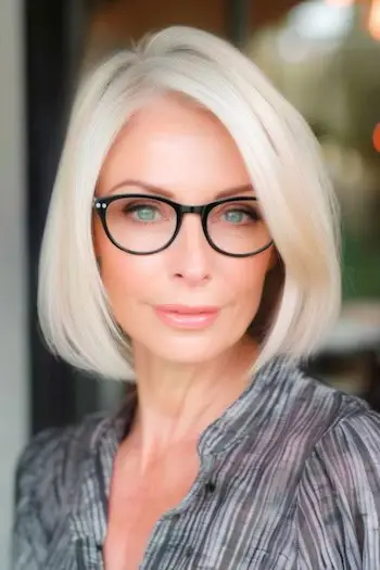 Blond Bob Krótka fryzura dla kobiet po 50. roku życia w okularach.