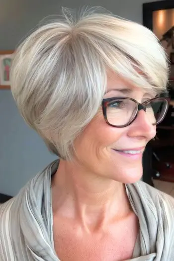 Krótka fryzura Pixie Bob dla kobiet po 50. roku życia w okularach.
