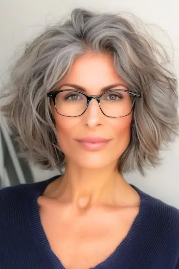 Krótka fryzura z warstwowymi szarymi falami dla kobiet powyżej 50. roku życia w okularach.