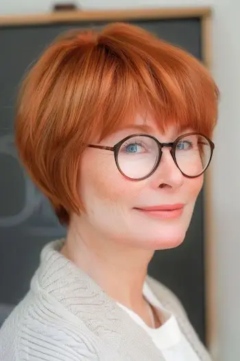 Retro warstwowa krótka fryzura Bob dla kobiet powyżej 50. roku życia w okularach.