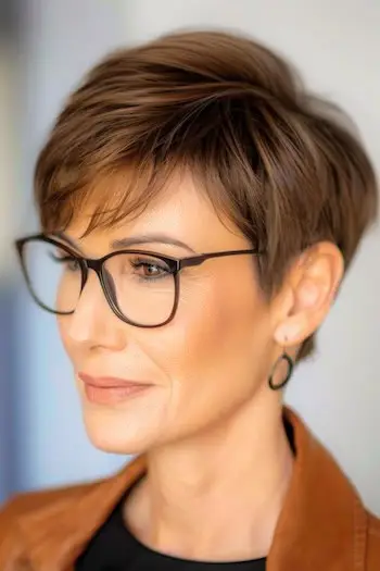 Zaokrąglona krótka fryzura Pixie dla kobiet po 50. roku życia w okularach.