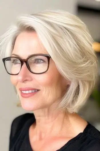 Blonde Swoopy warstwowa krótka fryzura dla kobiet powyżej 50. roku życia w okularach.
