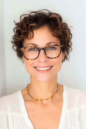 Przycięte loki Krótka fryzura dla kobiet powyżej 50. roku życia w okularach.