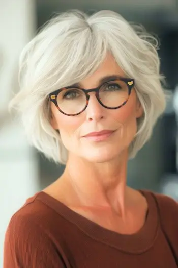 Zwężana, srebrna, warstwowa krótka fryzura dla kobiet po 50. roku życia w okularach.