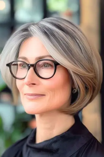 Balayage podkreśla krótką fryzurę typu bob do podbródka dla kobiet po 50. roku życia w okularach.
