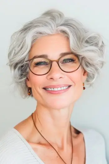 Faliste, przycięte warstwy, krótka fryzura dla kobiet powyżej 50. roku życia w okularach.