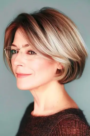Wyróżniona, zaokrąglona, ​​krótka fryzura typu Bob dla kobiet po 50. roku życia w okularach.