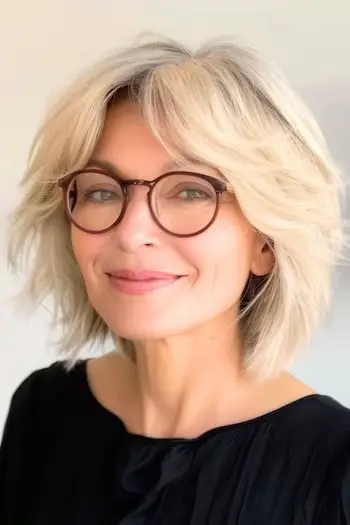 Warstwy blond z grzywką na zasłony Krótka fryzura dla kobiet po 50. roku życia w okularach.