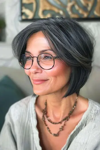 Zwężana, okalająca twarz, krótka fryzura typu Bob dla kobiet po 50. roku życia w okularach.