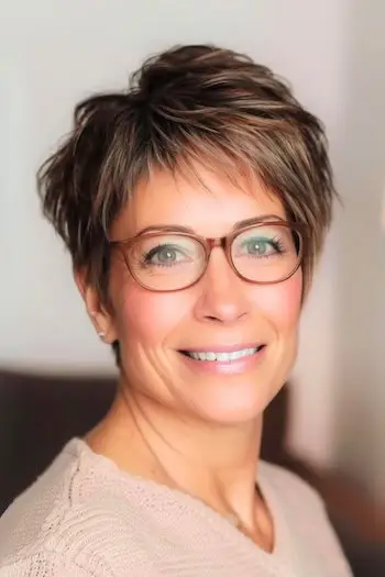 Delikatna, podkreślona krótka fryzura Pixie dla kobiet po 50. roku życia w okularach.