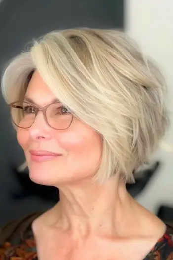 Krótka fryzura typu Bob z przedziałkiem na boku dla kobiet po 50. roku życia w okularach.