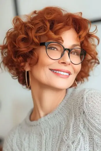 Miedziane loki Krótka fryzura dla kobiet powyżej 50. roku życia w okularach.