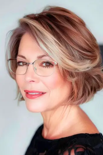 Ułożone podkreślone krótkie fryzury Bob dla kobiet powyżej 50. roku życia w okularach.