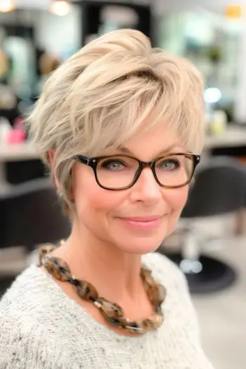 Teksturowana krótka fryzura Pixie dla kobiet powyżej 50. roku życia w okularach.