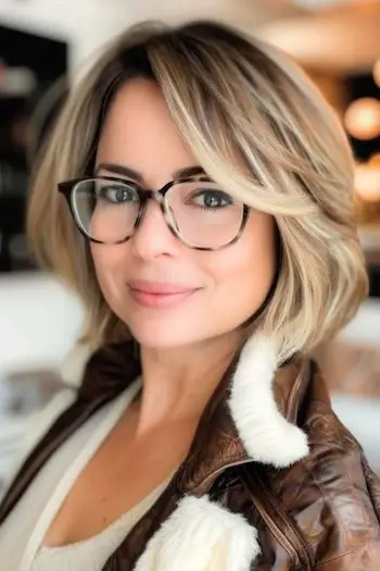 Warstwowy Bob z grzywką zaczesaną na bok Krótka fryzura dla kobiet po 50. roku życia w okularach.