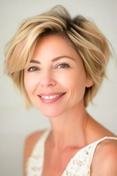 40歳以上の女性のためのピクシーボブショートのヘアスタイル。