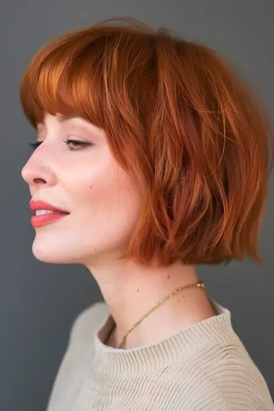 40歳以上の女性のための前髪のあるウェーブのかかったボブショートヘアスタイル。