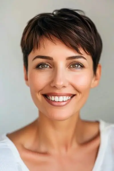 40歳以上の女性のためのサイドに流した前髪のあるボブのショートヘアスタイル。