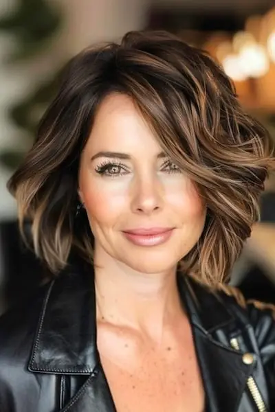 40歳以上の女性のための乱れたレイヤードボブショートのヘアスタイル。