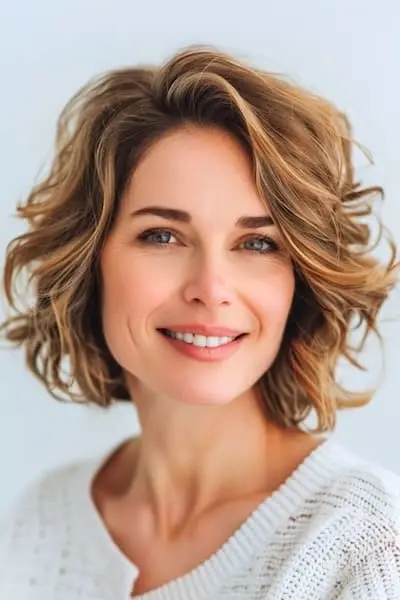 40歳以上の女性のためのサイドパートショートヘアスタイルのレイヤードボブ。