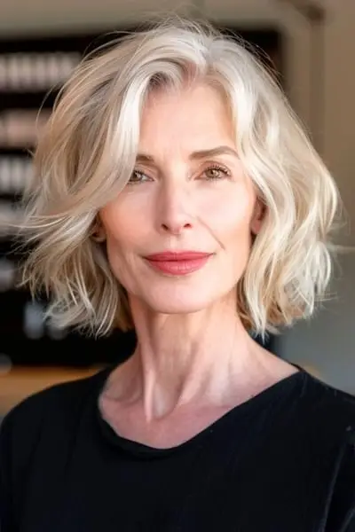 40代以上の女性のためのサイドパート付きボブショートヘアスタイル。