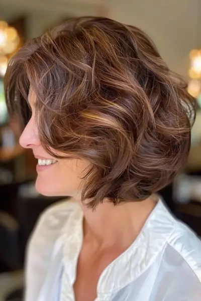 40歳以上の女性のための波状の強調されたボブショートのヘアスタイル。