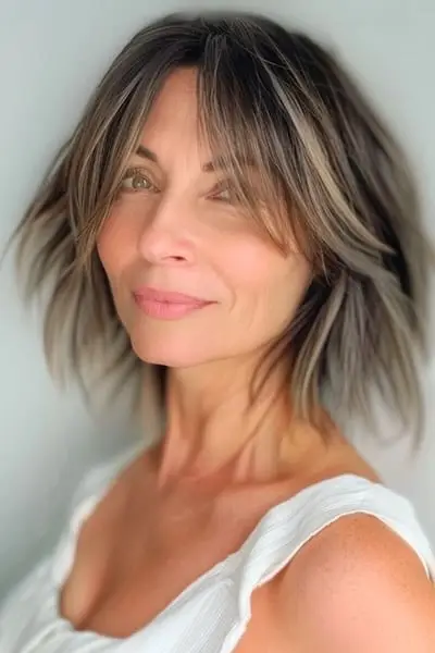 40歳以上の女性のためのカーテン前髪のあるうっすらとしたボブの短いヘアスタイル。