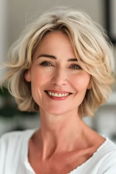 40歳以上の女性のためのレイヤードあごまでの長さのボブショートのヘアスタイル。