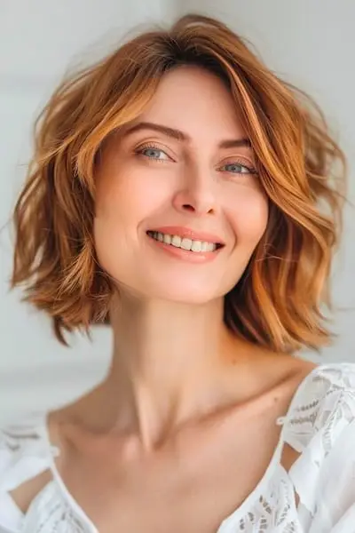 40歳以上の女性のための銅のウェーブのかかったボブショートのヘアスタイル。