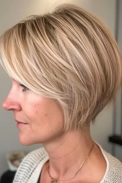 40歳以上の女性のためのショートレイヤードボブショートのヘアスタイル。