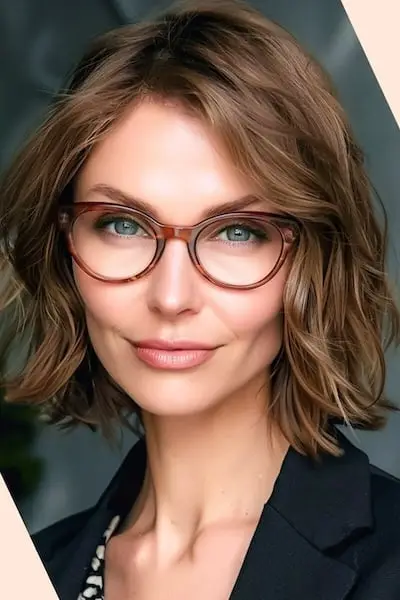 40歳以上の女性のためのメガネショートヘアスタイルのウェーブのかかったボブ。