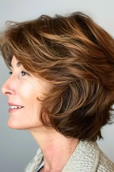 두꺼운 머리를 가진 50세 이상 여성을 위한 짧은 질감의 레이어 헤어스타일.