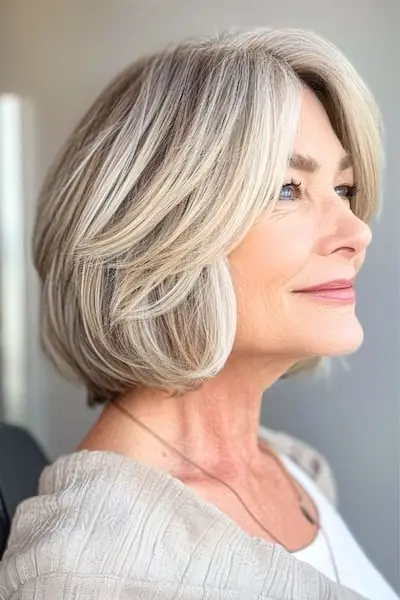 두꺼운 머리를 가진 50세 이상 여성을 위한 레이어드 밥 헤어스타일.