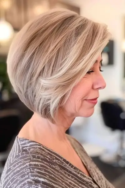 두꺼운 머리를 가진 50세 이상 여성을 위한 긴 레이어 헤어스타일의 각진 밥.